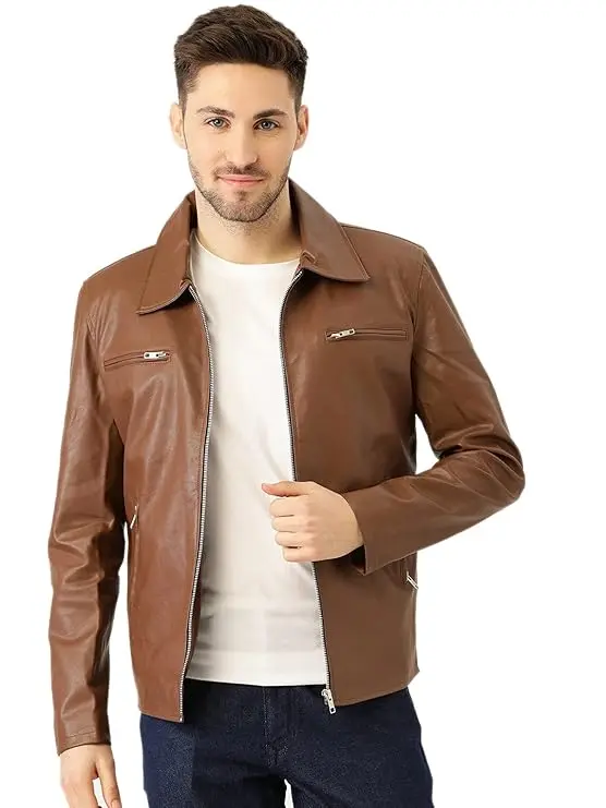 Leather Retail Men's Brown Solid Jacket (M)