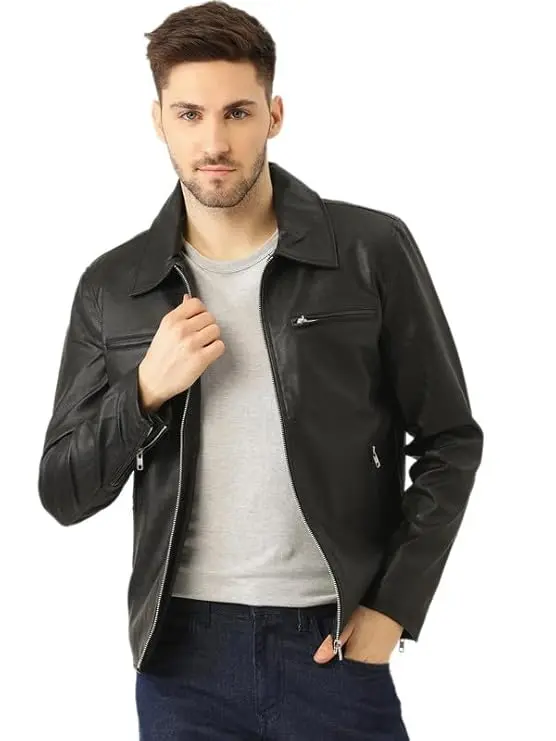 Leather Retail Men's Black Solid Jacket (M)